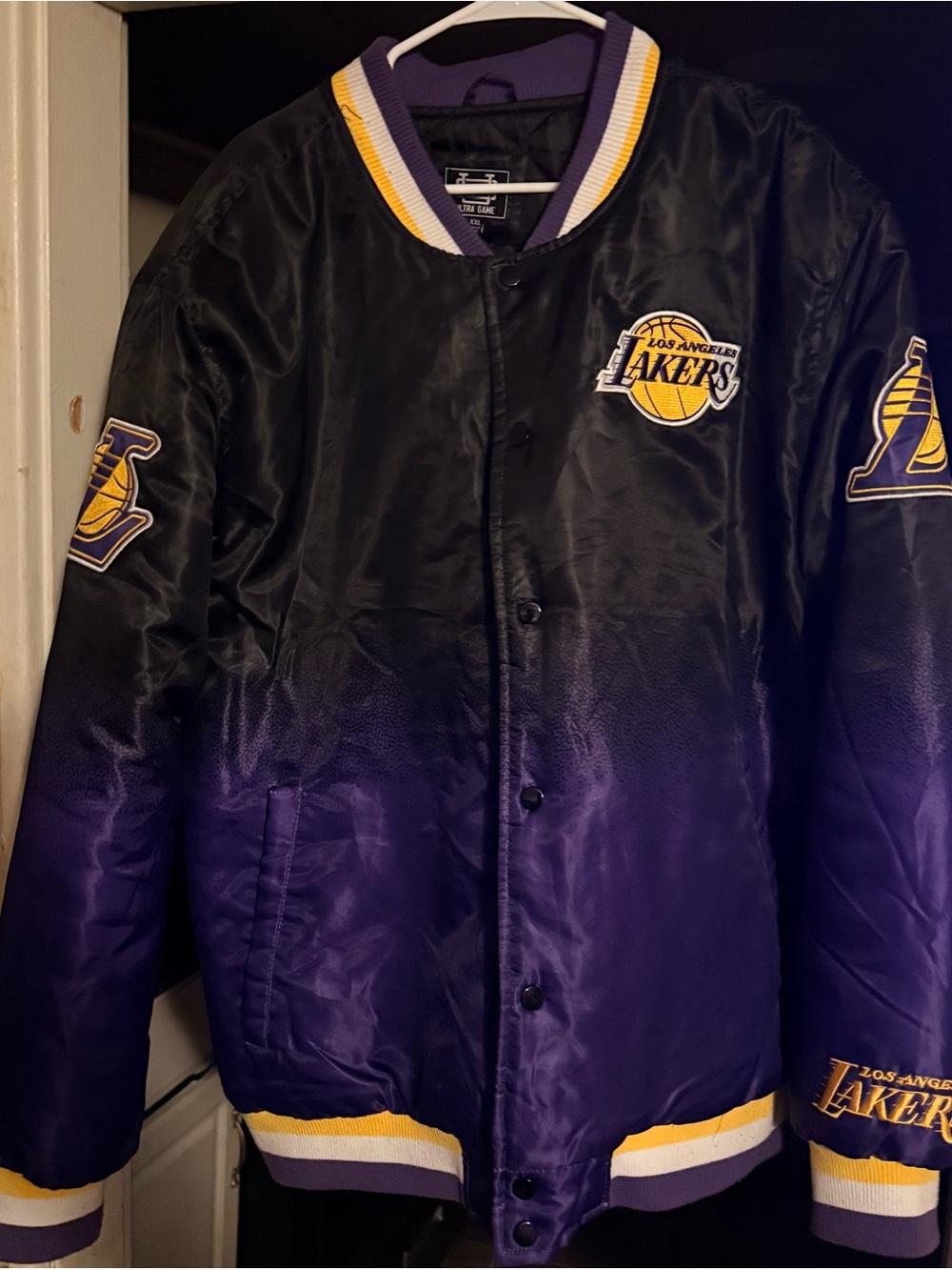 Los Angeles Lakers Black & Purple Satin Varsity Jacket men’s size XXL